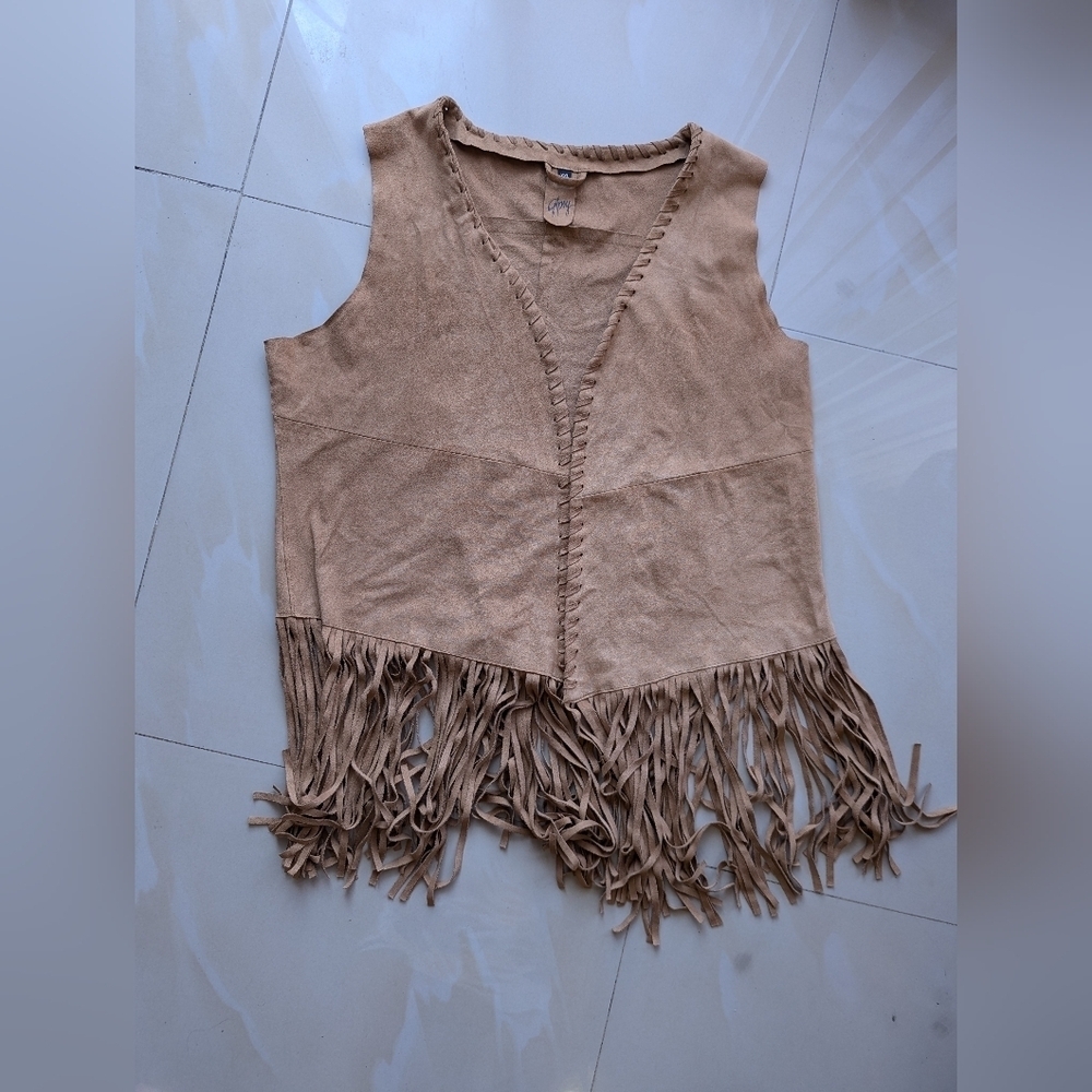 Vest Gipsy brown suede sleeveless, V-neck fringe top women’s XXL stretch light - Picture 5 of 16